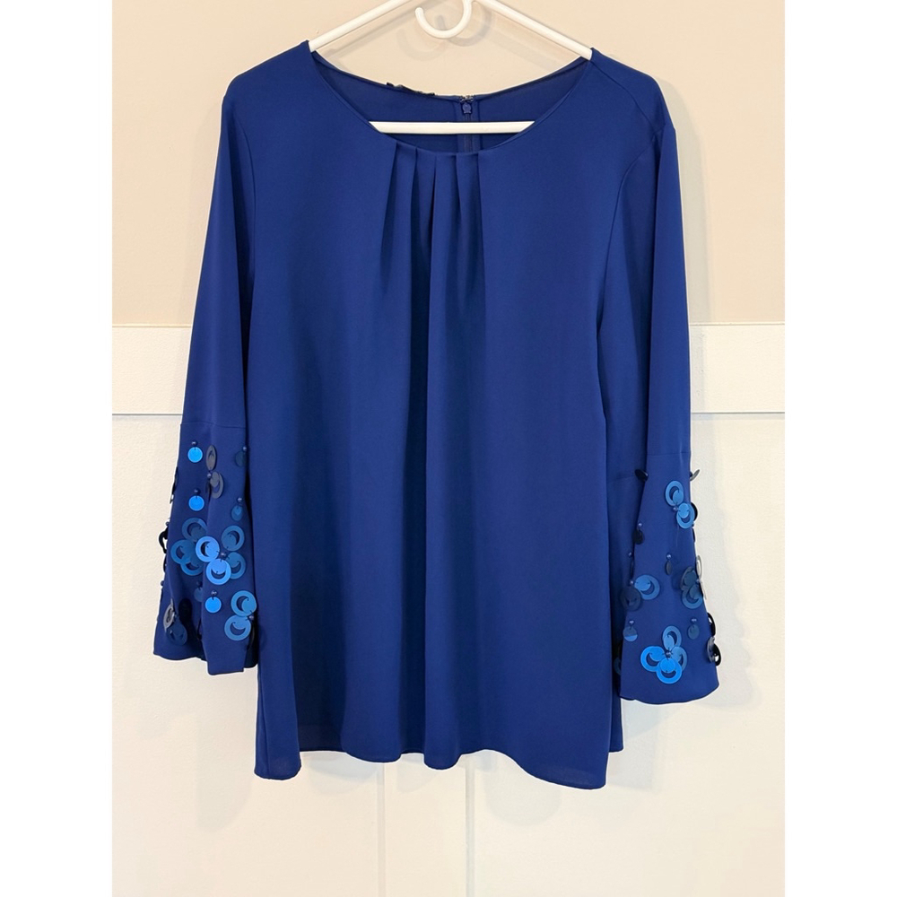 Alfani Blue Embellished Sleeve Blouse XL 3/4 Sleeve Dressy Top - Picture 2 of 8
